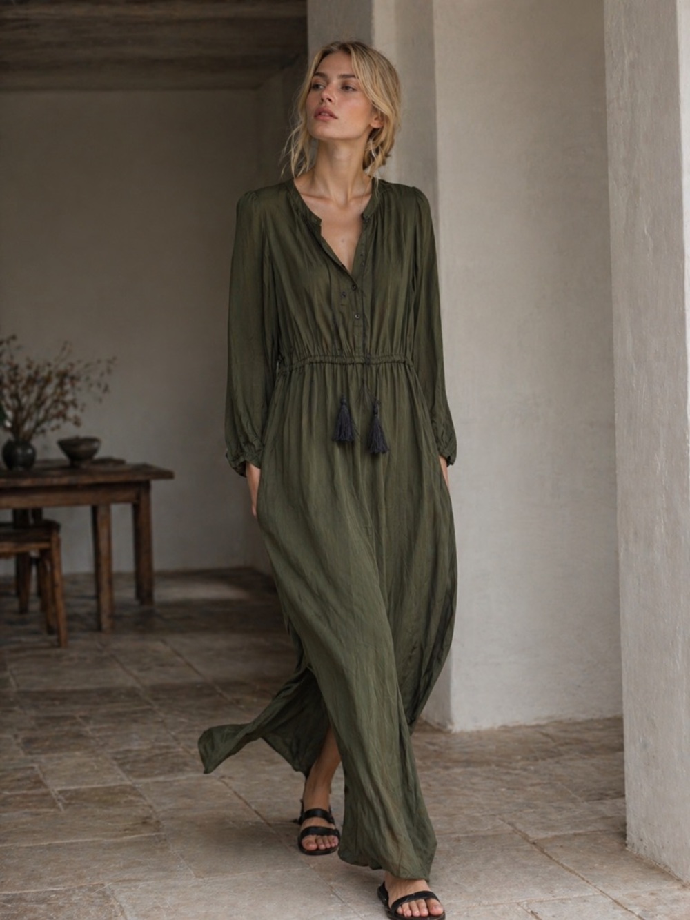 THE KOOPLES French Luxury Olive Green Maxi Dress NWT Tassel Tie Minimalist